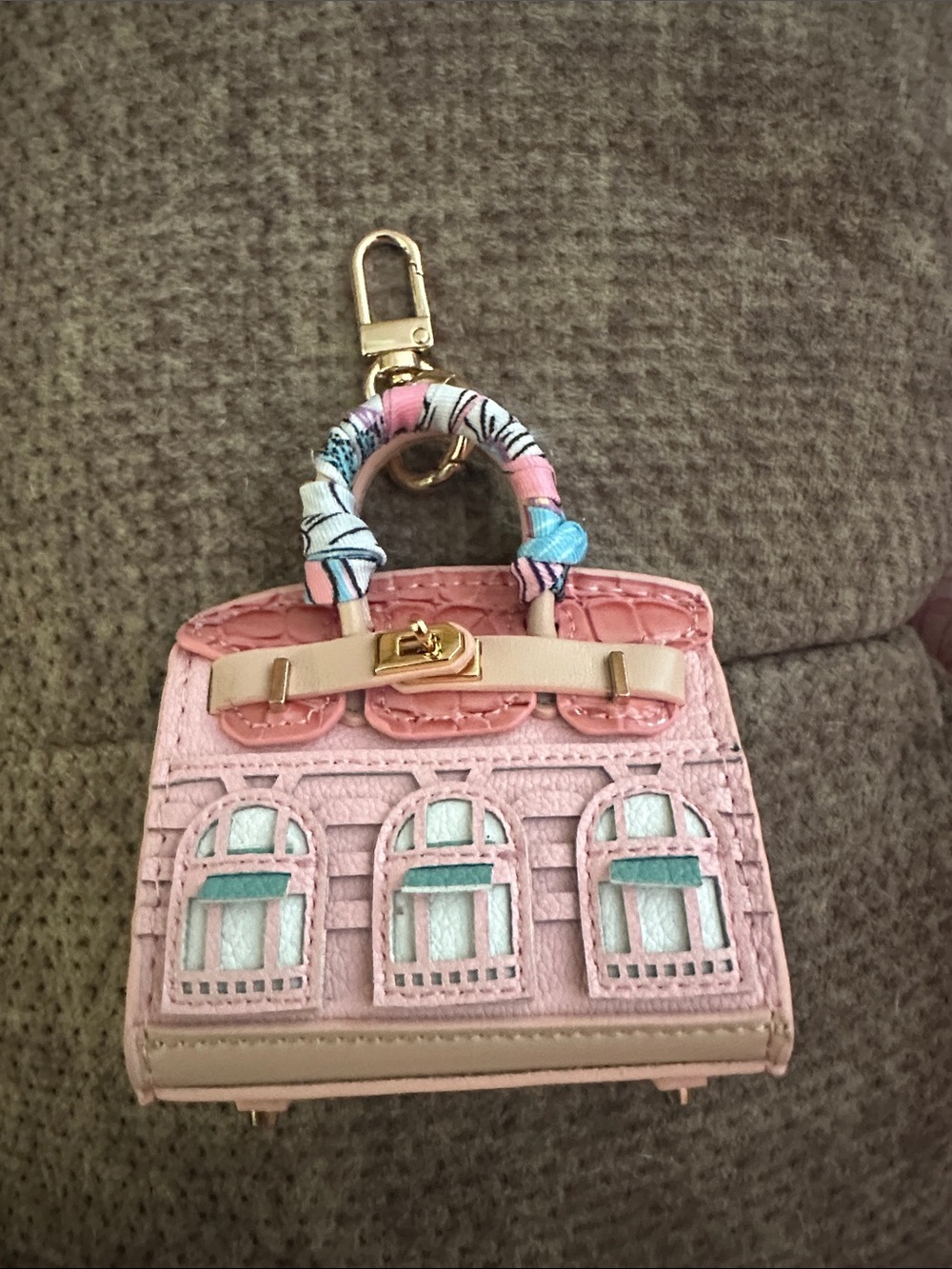 Pink Architectural Mini Bag Keychain with Gold Hardware